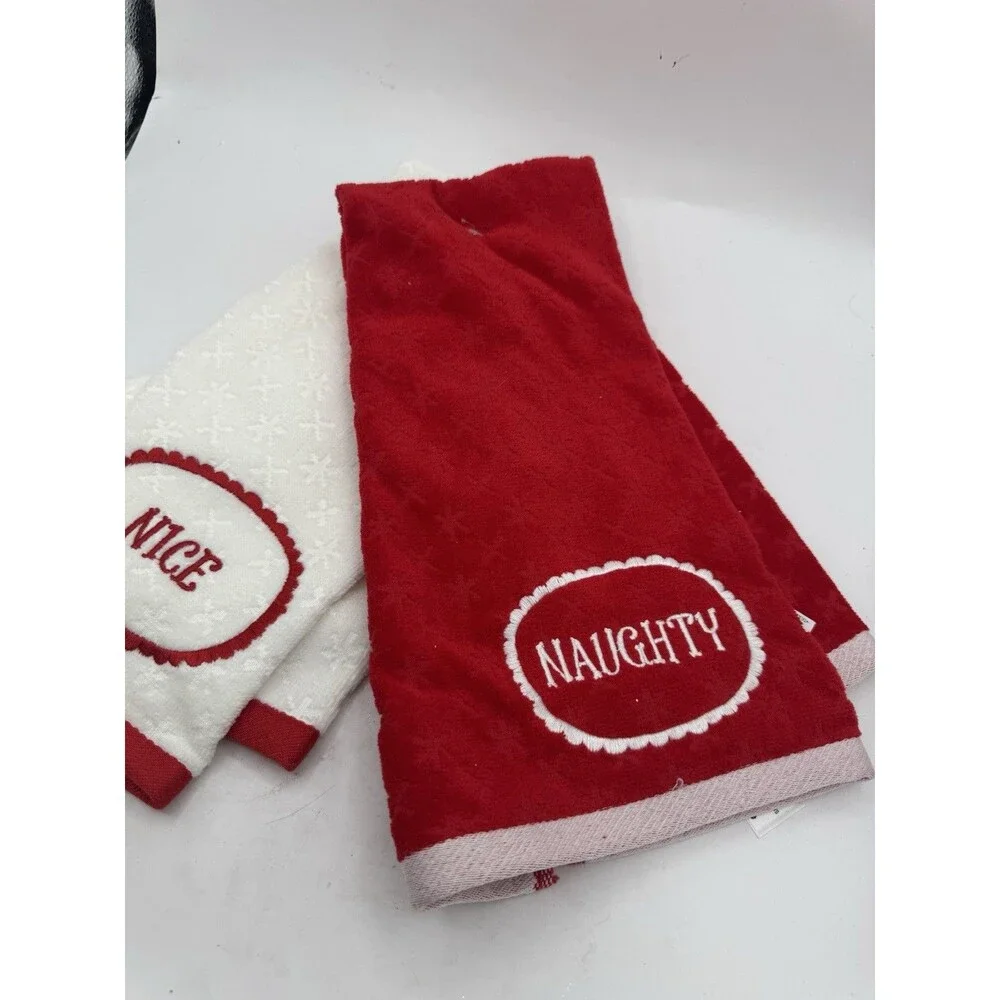 Naughty And Nice Christmas Hand Towels Red White Seasonal New Cotton